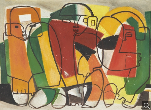 Reynold ARNOULD (1919-1980), Joueurs de football (américain) sur le banc, vers 1951, fresque sur matériau composite, 53,5 x 74 cm. Caen, musée des Beaux-Arts. Don de Marthe Bourhis-Arnould 1981. Inv 81.3.1. © Caen, musée des Beaux-Arts /cliché P. Touzard