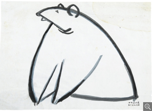 Reynold ARNOULD (1919-1980), Sans titre, ours (mascotte de l’université de Baylor), vers 1950, lavis sur papier de riz, 18 x 25 cm. Collection Rot-Vatin. © cliché S. Nagy