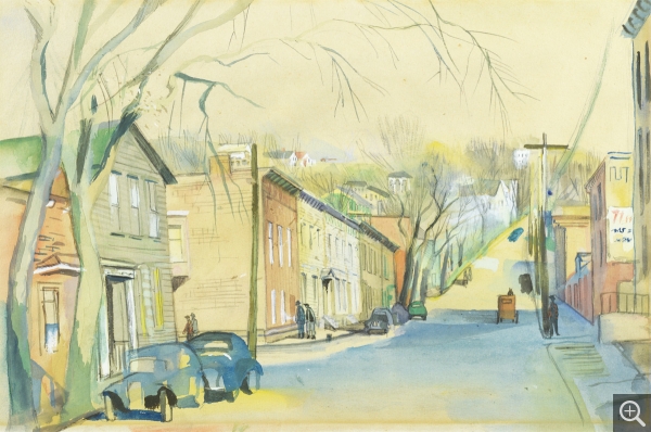 Reynold ARNOULD (1919-1980), Rue Ferry qui va du centre-ville aux collines résidentielles (Troy, État de New York), 1946, aquarelle sur papier, 24,5 x 37 cm. Collection Rot-Vatin. © cliché S. Nagy