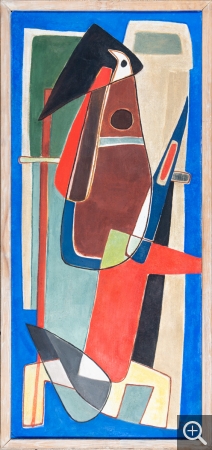 Reynold ARNOULD (1919-1980), Composition, vers 1951, pigments sur chaux, 149,5 x 67,8 cm. Le Havre, musée d’art moderne André Malraux, don Marthe Arnould, 1981. © 2019 MuMa Le Havre / Charles Maslard