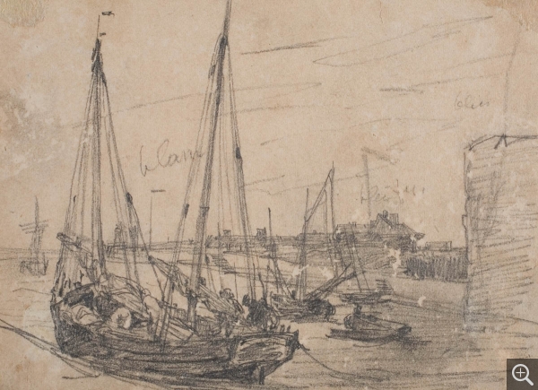 Eugène BOUDIN (1824-1898), Bateaux dans le port du Havre, 1853-1859, graphite sur papier vélin, 11 x 14,5 cm. © MuMa Le Havre / Florian Kleinefenn