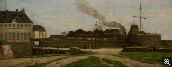 Eugène BOUDIN (1824-1898), L'Hôtel de ville et la tour François Ier, Le Havre, 1852, huile sur bois, 16 x 38 cm. © MuMa Le Havre / Florian Kleinefenn