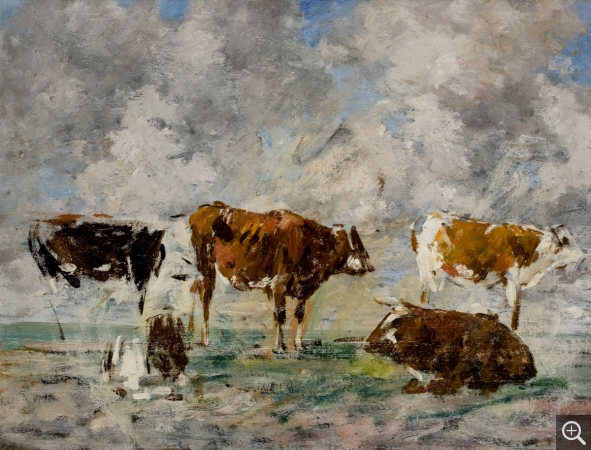 Eugène BOUDIN (1824-1898), Cinq vaches dans un pré, ciel orageux, ca. 1881-1888, huile sur toile, 43,3 x 58,4 cm. © MuMa Le Havre / Florian Kleinefenn
