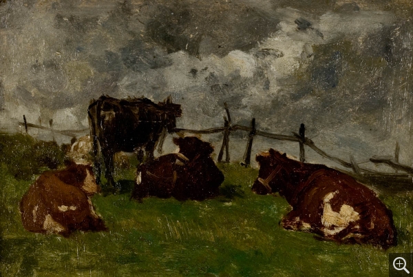 Eugène BOUDIN (1824-1898), Vaches couchées près d’une barrière, ca. 1853-1859, oil on canvas, 15 x 22 cm. © MuMa Le Havre / Florian Kleinefenn