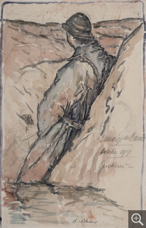 Albert COPIEUX (1885-1956), Le Guetteur - octobre 1917. Chemin des Dames (recto), 1917, crayon noir, aquarelle et gouache sur papier. © MuMa Le Havre / Charles Maslard