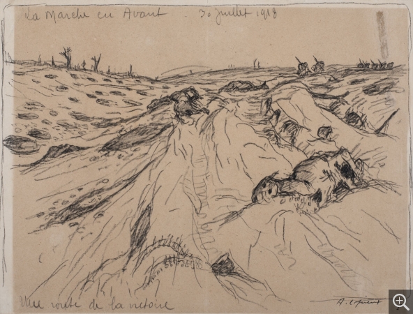 Albert COPIEUX (1885-1956), La Marche en avant. Une Route de la Victoire, 1918, gouache sur papier. © MuMa Le Havre / Charles Maslard