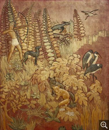Jean DUNAND (1877-1942), Le Chasseur de gazelles, ca. 1935, panneau de laque, 171 x 142 cm. © MuMa Le Havre / Charles Maslard