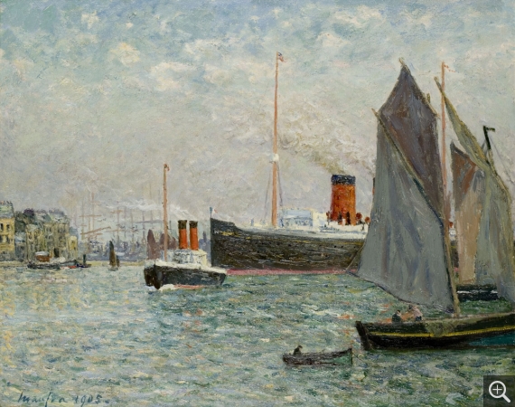 Maxime MAUFRA (1861-1918), Transatlantique sortant du port, 1905, huile sur toile, 65,5 x 81 cm. © MuMa Le Havre / Florian Kleinefenn