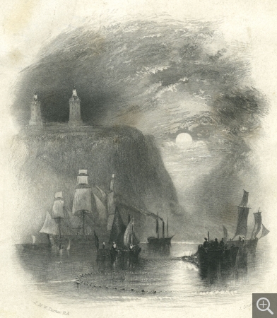 Drawing by Joseph Mallord William TURNER (1775–1851); engraved by John COUSEN (1804–1880), Light Towers Of The Heve, copperplate engraving, 20. 9 x 12.9 cm. Provient de l’album “Wanderings by the Seine. By Leitch Ritchie… with 20 engravings from drawings by J.M.W. Turner”, Londres, Longmann, 1834. © MuMa Le Havre / Charles Maslard