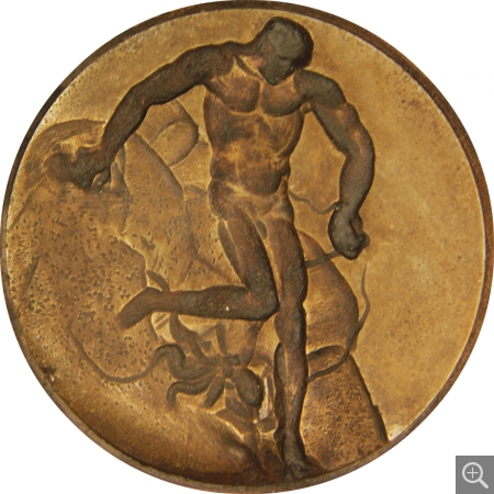 Laurent Marcel BURGER (1898-1969), Pêcheur attaqué par une pieuvre, tirage en bronze du projet de médaille présenté pour le concours du Grand prix de Rome. Ecole Nationale des Beaux-Arts, Inv. PRGM 42-3