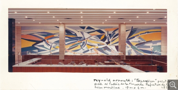 Hall d’accueil de la nouvelle Préfecture de la Seine-Maritime, sur le mur du fond la peinture Expansion (la peinture murale mesurait 4 x 17 m). Photographie collée sur carton et annotée par Reynold Arnould, 1965. Collection Rot-Vatin