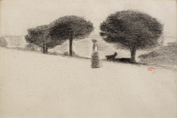 Henri Edmond CROSS (1856-1910), Woman and Dog Among the Umbrella Pines, charcoal on laid watermarked paper bearing the Auguste Lepage stamp, 24.3 x 31 cm. © MuMa Le Havre / David Fogel
