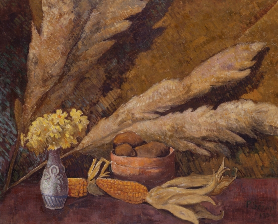 Paul SÉRUSIER (1864-1927), Nature morte aux roseaux ou Primevères et maïs, 1904, huile sur toile, 60,5 x 73,5 cm. © MuMa Le Havre / Florian Kleinefenn