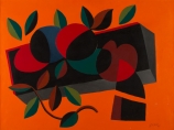Léon GISCHIA (1903-1991), Feuilles et fruits sur fond orange, 1949, huile sur toile, 53,8 x 73,2 cm. Le Havre, musée d'art moderne André Malraux, achat de la Ville,1953. © 2011 MuMa Le Havre / Charles Maslard © ADAGP, Paris 2020