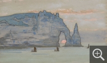 Jean Francis AUBURTIN (1866-1930), Needle of Étretat at Sunset, gouache and charcoal on paper, 38 x 64 cm. Private collection. © MuMa Le Havre / Jean-Louis Coquerel