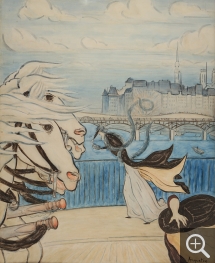 Louis ANQUETIN (1861-1932), Bourrasque sur le pont des Saints-Pères, 1889, aquarelle et gouache, 66 x 53 cm. Collection particulière. © Galerie de la Présidence
