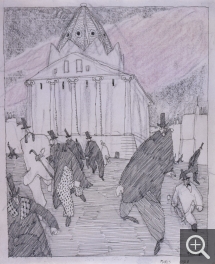 Lyonel FEININGER (1871-1956), Closing of the Paris Stock Exchange (Ende der Sitzung an der Pariser Börse), 1908, quill, Indian ink and colored pencils on paper, 26.4 × 21.8 cm. Private collection. © All rights reserved — © ADAGP, Paris, 2015