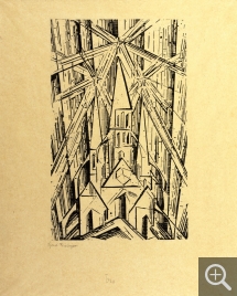 Lyonel FEININGER (1871-1956), Cathedral [large plate], 1919, woodcut, 30.8 x 19.1 cm. Frontispice du programme du Staatliches Bauhaus Weimar, 1919. Collection particulière. © Maurice Aeschimann — © ADAGP, Paris, 2015