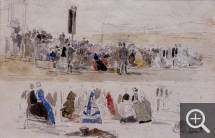 Eugène BOUDIN (1824-1898), Les courses à Deauville, ca. 1866, crayon noir et aquarelle sur papier vergé, 19,7 x 30,7 cm. Collection Senn-Foulds. © MuMa Le Havre / Florian Kleinefenn