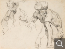 Eugène DELACROIX (1798-1863), Étude : deux hommes nus accroupis, pierre noire sur papier, 18,5 x 24 cm. Collection Senn-Foulds. © MuMa Le Havre / Florian Kleinefenn