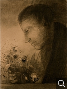 Odilon REDON (1840-1916), Homme de profil avec bouquet de fleurs, ca. 1880-1885, fusain avec crayon noir, estompe, traces de gommage sur papier vélin, 48,1 x 36,2 cm. Collection Senn-Foulds. © MuMa Le Havre / Florian Kleinefenn