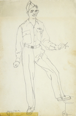 Reynold ARNOULD (1919-1980), Portrait en pied d‘un GI sur le Warren P. Marks, février 1946, crayon sur papier, 27 x 21 cm. Collection Rot-Vatin. © cliché S. Nagy