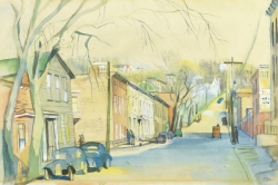 Reynold ARNOULD (1919-1980), Rue Ferry qui va du centre-ville aux collines résidentielles (Troy, État de New York), 1946, aquarelle sur papier, 24,5 x 37 cm. Collection Rot-Vatin. © cliché S. Nagy