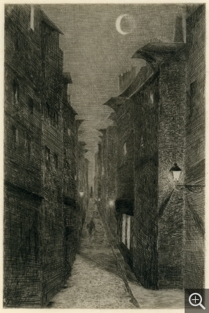 Gaston Prunier, La Rue d’Édreville, Eau-forte tirée de l’album À travers Le Havre, effets de soir et de nuit, , Le Havre,1892 bibliothèque municipale. © Le Havre