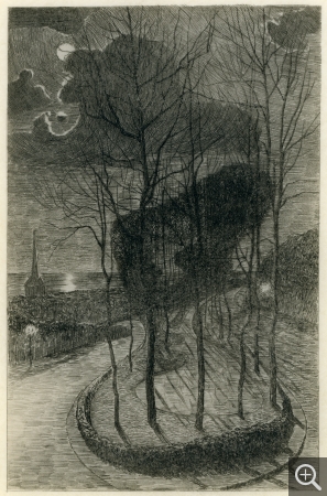 Gaston Prunier, Le Jardin des Soupirs, Eau-forte tirée de l’album À travers Le Havre, effets de soir et de nuit, , Le Havre,1892 bibliothèque municipale. © Le Havre