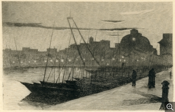 Gaston Prunier, Le bassin du commerce, Eau-forte tirée de l’album À travers Le Havre, effets de soir et de nuit, , Le Havre,1892 bibliothèque municipale. © Le Havre