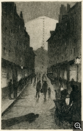 Gaston Prunier, La rue des Drapiers, Eau-forte tirée de l’album À travers Le Havre, effets de soir et de nuit, , Le Havre,1892 bibliothèque municipale. © Le Havre