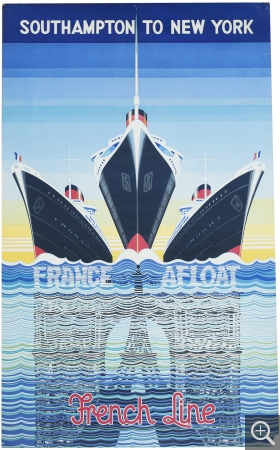 Kay STEWART, Southampton to New York. France Afloat - affiche publicitaire de la Compagnie générale transatlantique, vers 1938, lithographie en couleurs, 115 x 77 cm. Collection EPCC French Lines & Compagnies - patrimoine maritime et portuaire. © Collection French Lines & Compagnies