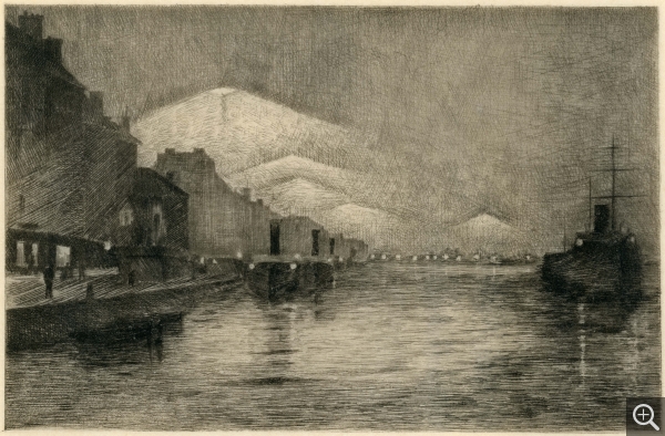 Gaston Prunier, L’Avant-Port, 1892, Eau-forte tirée de l’album À travers Le Havre, effets de soir et de nuit, 17 x 22 cm, Le Havre, bibliothèque municipale. © Le Havre