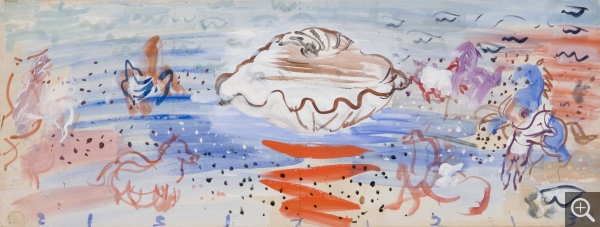 Raoul DUFY (1877-1953), Coquillage et chevaux. Étude pour le décor de la piscine du paquebot Normandie, 1935, gouache sur papier, 25 x 66 cm. Paris- Centre Pompidou - musée national d'art moderne - dépôt au musée d'art moderne André Malraux. ©MuMa Le Havre / Florian Kleinefenn