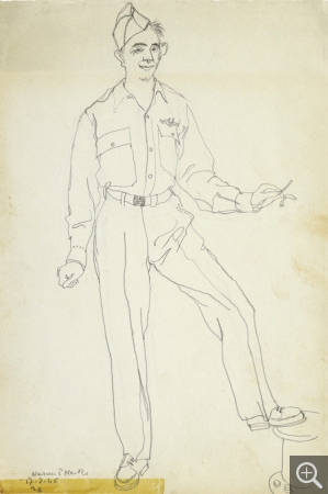 Reynold ARNOULD (1919-1980), Portrait en pied d‘un GI sur le Warren P. Marks, février 1946, crayon sur papier, 27 x 21 cm. Collection Rot-Vatin. © cliché S. Nagy