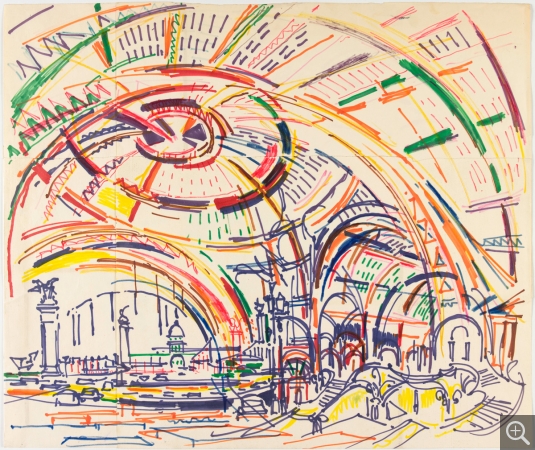 Reynold ARNOULD (1919-1980), Grand-Palais : nef et grande verrière, 1965-1970, dessin au stylo-feutre, 53,6 x 63,5 cm. Paris, Centre Pompidou - Musée national d'art moderne - Centre de création industrielle, don de Succession Marthe Bourhis-Arnould en 1999. © Centre Pompidou, MNAM-CCI, Dist. RMN-Grand Palais / Bertrand Prévost