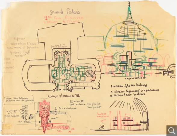 Reynold ARNOULD (1919-1980), Grand-Palais : nef et grande verrière (étude de scénographie pour exposition "Picasso"), 1965-1970, dessin au stylo-feutre sur papier calque, 50 x 65,4 cm. Paris, Centre Pompidou - Musée national d'art moderne - Centre de création industrielle, don de Succession Marthe Bourhis-Arnould en 1999. © Centre Pompidou, MNAM-CCI, Dist. RMN-Grand Palais / Bertrand Prévost