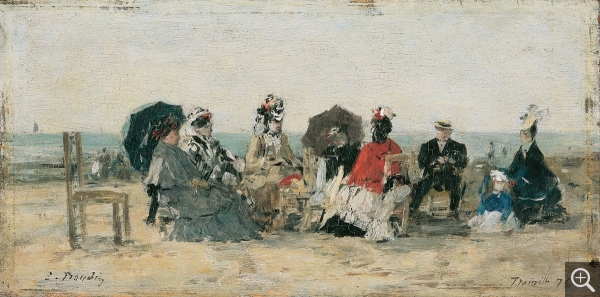 Eugène BOUDIN (1824-1898), Collation sur la plage en compagnie du peintre Mettling ou La Conversation, plage de Trouville, 1876, oil on panel, 12.5 x 24.7 cm. . © Honfleur, musée Eugène Boudin / Henri Brauner