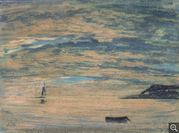 Eugène BOUDIN (1824-1898), Couchant et falaise (Etretat), ca. 1854-1859, pastel sur papier, 14 x 20 cm. Legs Eugène Boudin, 1899. © Honfleur, musée Eugène Boudin / Henri Brauner