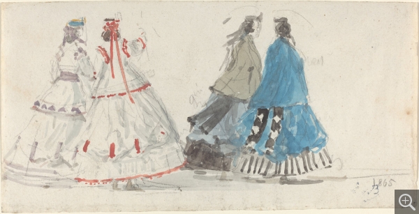 Eugène BOUDIN (1824-1898), Quatre dames en crinolines marchant à Trouville, ca. 1865, aquarelle et crayon noir sur papier vélin, 12,1 x 23,8 cm. Collection of Mr. and Mrs. Paul Mellon. © Washington, National Gallery of Art