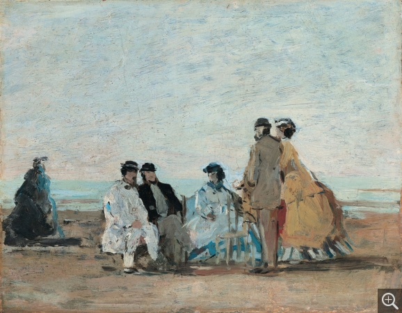 Eugène BOUDIN (1824-1898), Scène de plage à Trouville, ca. 1862-1863, huile sur carton parqueté sur chêne, 22,5 x 29,1 cm. Legs Eugène Boudin, 1899. © Honfleur, musée Eugène Boudin / Henri Brauner