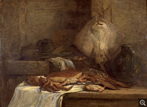 Eugène BOUDIN (1824-1898), Tourteaux, homard et poissons dit Nature Morte à la raie, 1861, oil on canvas, 72 x 97 cm. . © Honfleur, musée Eugène Boudin / Henri Brauner