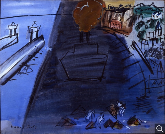 Raoul DUFY (1877-1953), Le Cargo noir aux jetées blanches, 1949, oil on canvas, 33 × 41 cm. . © Paris, galerie Louis Carré & Cie © ADAGP, Paris 2019