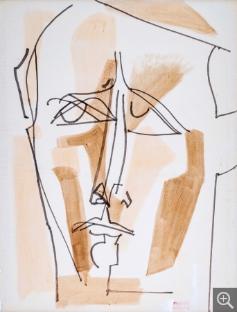 Reynold ARNOULD (1919-1980), André Malraux, 1968, lavis bruns et crayon feutre sur papier marouflé sur toile, 65,5 x 50,5 cm. Collection particulière. © 2019 MuMa Le Havre / Charles Maslard