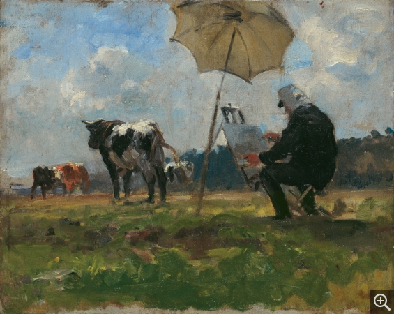 Henri MICHEL-LEVY (1844-1914), Le Peintre Eugène Boudin peignant des animaux dans la prairie de Deauville, 1880, oil on canvas, 22 x 27 cm. . © Honfleur, musée Eugène Boudin / Henri Brauner