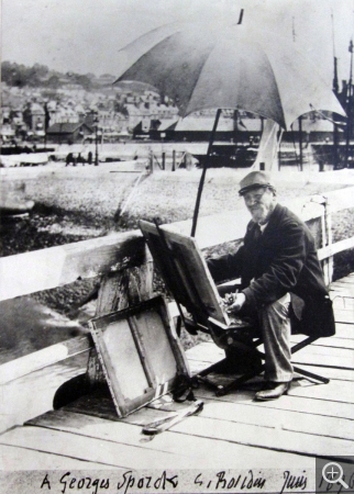 Anonyme, Eugène Boudin peignant sur la jetée de Deauville, 1896, photography, 16.5 x 12 cm. . © Honfleur, musée Eugène Boudin