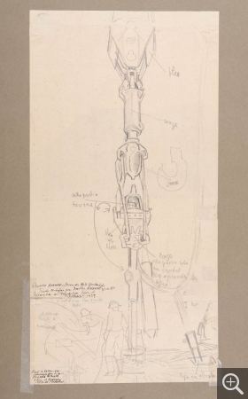 Reynold ARNOULD (1919-1980), Derrick étude, circa 1958-1959, crayon et encre sur papier, 52,6 x 26,5 cm. Le Havre, musée d’art moderne André Malraux, don Marthe Arnould, 1981. © 2016 MuMa Le Havre / Charles Maslard