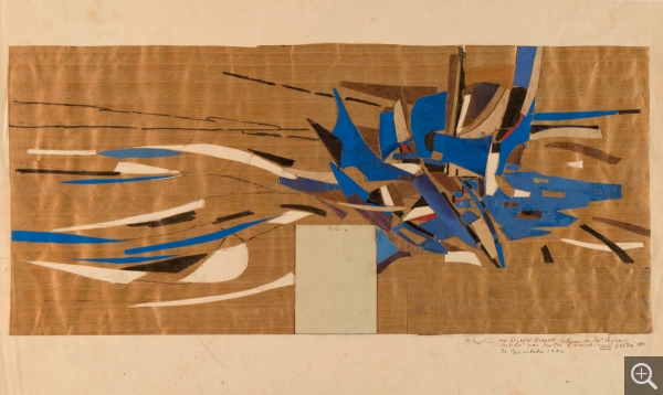 Reynold ARNOULD (1919-1980), Maquette pour la décoration du hall d’accueil du bâtiment administratif du Port autonome du Havre, vers 1964-1965, collage de fines feuilles de bois colorées, 27 x 60,7 cm (l’oeuvre réalisée mesure 6 x 12 m). Le Havre, musée d’art moderne André Malraux. Don de Marthe Arnould 1981. © 2016 MuMa Le Havre / Charles Maslard