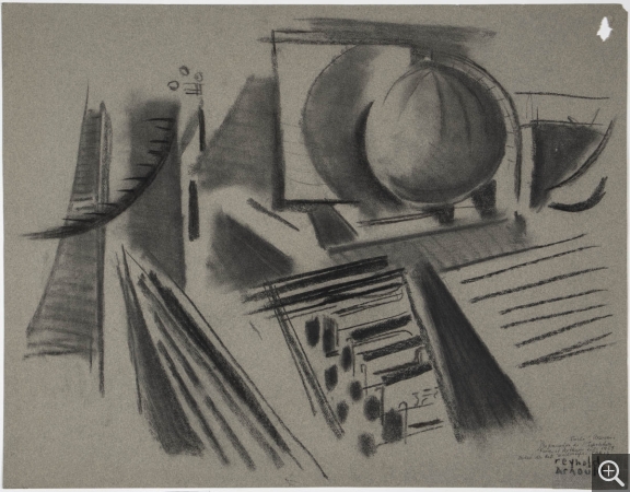 Reynold ARNOULD (1919-1980), Réservoirs, circa 1958-1959, fusain et encre noire sur papier vélin gris, 50 x 62 cm. Le Havre, musée d’art moderne André Malraux, don Marthe Arnould, 1981. © 2015 MuMa Le Havre / Charles Maslard