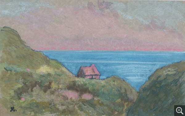 Jean Francis AUBURTIN (1866-1930), Varengeville, la cabane des douaniers , 1922, gouache sur papier, 32,2 x 51,5 cm. Le Havre Musée d’art moderne André Malraux,acquis avec l’aide du fonds régional pour les acquisitions des musées. © MuMa Le Havre / Charles Maslard